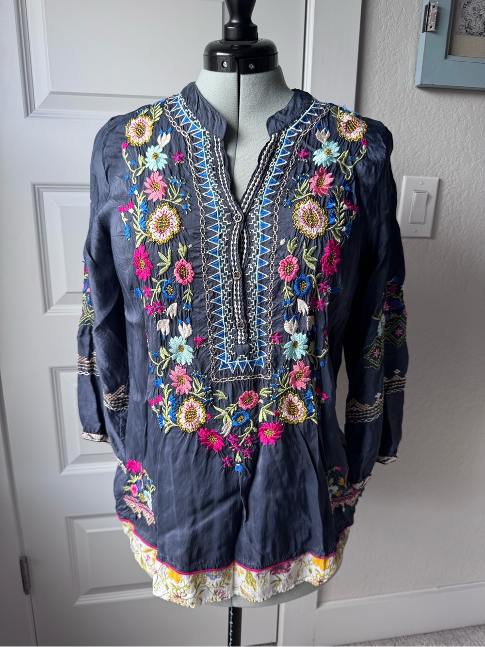 Embroidered Navy Floral Tunic Top